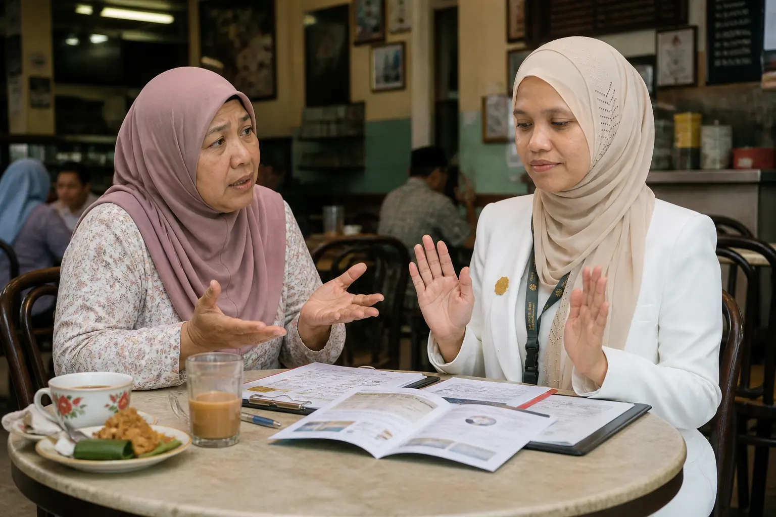 Hazirah menerangkan produk takaful kepada pelanggan